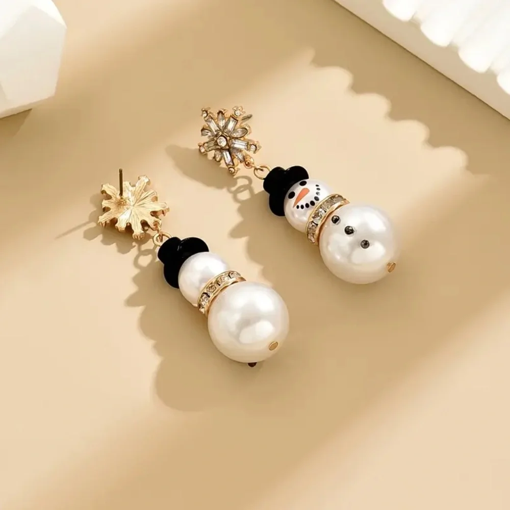 Snowflake Snowman Earrings w/ Sparkling Rhinestones & Lustrous Pearls - NEW